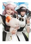 2girls :d absurdres animal_ears au_ra black_hair blue_sky breasts carrying cat_ears clouds cloudy_sky commentary_request double_v dragon_horns final_fantasy final_fantasy_xiv highres horns long_hair looking_at_viewer maid maid_headdress miqo&#039;te mog monkey_buonarroti moogle multiple_girls open_mouth pink_hair red_eyes sky slit_pupils smile twintails underbust v violet_eyes wrist_cuffs 
