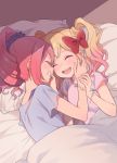 2girls aikatsu! aikatsu_stars! bed bed_sheet blonde_hair blue_shirt blush bow bracelet closed_eyes frills gobou_1000 gradient_hair grin hair_bow hand_on_another&#039;s_cheek hand_on_another&#039;s_face happy jewelry multicolored_hair multiple_girls nijino_yume on_bed open_mouth pillow pink_hair pink_shirt red_bow redhead sakuraba_rola shirt short_sleeves sidelocks smile twintails yuri 