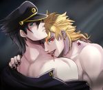  2boys birthmark bite_mark black_hair black_nails blonde_hair blood coat dio_brando earrings fangs felicia-val green_eyes hat highres jewelry joestar_birthmark jojo_no_kimyou_na_bouken kuujou_joutarou male_focus multiple_boys muscle nail_polish off_shoulder red_eyes scar stud_earrings vampire 