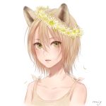  1girl absurdres animal_ears artist_name blush collarbone eyes_visible_through_hair fang green_eyes hair_between_eyes hair_over_eyes head_wreath highres original parted_lips romiy short_hair simple_background solo upper_body white_background wolf_ears 