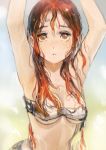  1girl absurdres arms_up bikini brown_eyes highres long_hair looking_at_viewer okuto original redhead sketch solo swimsuit torn_clothes wet 