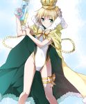  1girl alternate_costume bare_legs blonde_hair bow cape closed_mouth competition_swimsuit contrapposto covered_navel crown eyebrows eyebrows_visible_through_hair fate/stay_night fate_(series) fur_collar fur_trim green_eyes groin holding legs_apart looking_at_viewer one-piece_swimsuit saber short_hair smile solo standing striped striped_bow swimsuit thigh_strap tsuedzu water_gun white_swimsuit yellow_cape 