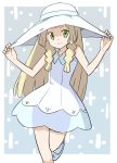 1girl bangs bare_arms blonde_hair blunt_bangs braid closed_mouth dress green_eyes hands_on_headwear hat leg_up lillie_(pokemon) long_hair looking_at_viewer moera pokemon pokemon_(game) pokemon_sm smile solo sun_hat twin_braids white_dress white_hat 