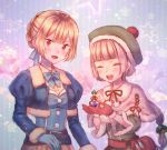  2girls :d bangs belt blonde_hair blue_bow blue_gloves blunt_bangs blush bow breloom closed_eyes gloves green_hat hat jacket long_hair looking_at_viewer moe_(hamhamham) multiple_girls open_mouth personification pokemon pom_pom_(clothes) ponytail potion red_eyes red_gloves short_hair smile standing tagme vial 