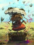 1girl barefoot bird blonde_hair bottle bow commentary_request death dying falling hair_bow koto_inari medicine_melancholy parasol poison red_skirt short_hair skirt touhou tub umbrella 