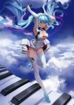 1girl arms_up blue_eyes blue_hair boots breasts clouds elbow_gloves floating_hair full_body gloves goodsmile_company goodsmile_racing hatsune_miku highres large_breasts long_hair looking_at_viewer microphone piano_keys sky smile solo thigh-highs thigh_boots twintails very_long_hair vocaloid 