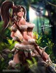  1girl artist_name blush boots breasts brown_boots brown_hair brown_nails dimples_of_venus fingernails forehead_jewel forest from_behind fur_trim green_eyes holding javier_estrada large_breasts leaf league_of_legends leg_up lens_flare long_hair looking_back nature nidalee outdoors parted_lips plant polearm ponytail realistic solo spear standing standing_on_one_leg tooth tooth_earrings watermark weapon web_address 