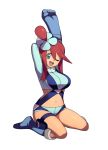  1girl arms_up blue_eyes boots breasts fuuro_(pokemon) gloves gym_leader hair_ornament highres kiki_(uxoia) knee_boots large_breasts long_hair midriff navel one_eye_closed open_mouth pokemon pokemon_(game) pokemon_bw redhead sitting smile solo wariza 