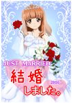  1girl bouquet bridal_veil dress flower girls_und_panzer highres jewelry manira necklace pearl_necklace red_rose rose simple_background smile solo takebe_saori tiara translation_request veil wedding_dress white_dress white_rose 