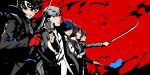  5boys amamiya_ren arisato_minato atlus gloves highres kurusu_akira mask megami_tensei multiple_boys nanaya_(daaijianglin) narukami_yuu persona persona_1 persona_3 persona_4 persona_5 protagonist_(persona_5) school_uniform short_hair sword toudou_naoya weapon yuuki_makoto 