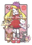 1girl :3 blonde_hair bow ditto dress eevee fang full_body glameow hair_bow meowth nail_polish one_eye_closed open_mouth original plaid plaid_dress poke_ball pokemon pokemon_(creature) red_eyes red_nails shampoohat skitty smile striped striped_background togetic 