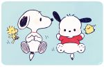  ayu_(mog) bird dog from_above lying no_humans on_back peanuts pochacco sanrio smile snoopy woodstock 