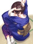  1girl adjusting_hair brown_eyes brown_hair from_behind japanese_clothes kaga_(kantai_collection) kantai_collection kfr kimono long_hair looking_back nape obi sash seiza side_ponytail sitting solo tatami yokozuwari yukata 