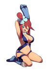  1girl arms_up blue_eyes boots breasts cleavage fuuro_(pokemon) gloves gym_leader hair_ornament highres kiki_(uxoia) knee_boots large_breasts long_hair midriff navel one_eye_closed open_mouth pokemon pokemon_(game) pokemon_bw redhead sitting smile solo wariza 