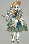  1girl arm_warmers bangs blush bonnet braid dress florges full_body green_dress green_shoes grey_background high_heels long_hair looking_at_viewer moe_(hamhamham) outstretched_arm personification pokemon ponytail shoes silver_hair solo standing white_hair white_legwear 