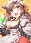  1girl alternate_costume animal_ears apron bell bell_collar blush breasts brooch brown_eyes brown_hair bursting_breasts cleavage collar drink enmaided eyebrows eyebrows_visible_through_hair fang fun_bo hair_ornament hair_ribbon hairpin imaizumi_kagerou jewelry juliet_sleeves large_breasts long_hair long_sleeves maid maid_apron maid_headdress nail_polish open_mouth plaid plaid_background puffy_sleeves red_nails ribbon solo touhou tray wide_sleeves wolf_ears 