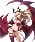  1girl bare_shoulders blonde_hair blush breasts bridal_gauntlets demon_tail eruthika hairband heart heart_cutout highres horns long_hair looking_at_viewer lord_of_vermilion milia_(lord_of_vermilion) navel open_mouth panties pointy_ears red_eyes red_legwear red_panties side-tie_panties single_thighhigh single_wing smile solo tail thigh-highs underwear wings 