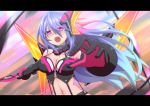  1girl blue_hair breasts cleavage glowing iris_heart kami_jigen_game_neptune_v letterboxed long_hair looking_at_viewer mizunashi_(second_run) navel neptune_(series) open_mouth pururut red_eyes sword symbol-shaped_pupils very_long_hair weapon wings 