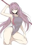  1girl arm_up bangs bare_legs breasts commentary competition_swimsuit fate/grand_order fate_(series) hand_on_own_knee harukon_(halcon) holding holding_weapon large_breasts long_hair looking_at_viewer one-piece_swimsuit purple_hair scathach_(fate/grand_order) sketch smile squatting swimsuit violet_eyes weapon white_background 