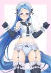  1girl @_@ adapted_costume alternate_costume apron bangs black_legwear blue_eyes blue_hair elbow_gloves embarrassed enmaided frilled_gloves frilled_legwear frills garter_belt garter_straps gloves gradient_hair haniyama_hanio kantai_collection long_hair looking_at_viewer looking_down maid maid_headdress multicolored_hair neckerchief open_mouth panties pantyshot ribbon sailor_collar samidare_(kantai_collection) shirt short_hair skirt skirt_lift sleeveless sleeveless_shirt solo sparkle standing swept_bangs thigh-highs thighs underwear very_long_hair waist_apron wavy_mouth white_panties wrist_cuffs 