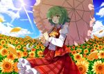  1girl :o ascot blush clouds cloudy_sky e.o. field flower flower_field green_hair holding holding_umbrella juliet_sleeves kazami_yuuka long_sleeves looking_at_viewer open_clothes open_vest parasol petals plaid plaid_skirt plaid_vest puffy_sleeves red_eyes short_hair skirt skirt_set sky solo sun sunflower sunlight touhou umbrella vest wind 