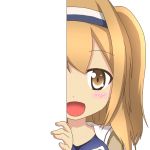  1girl :d blush eyebrows eyebrows_visible_through_hair hairband i-26_(kantai_collection) kantai_collection light_brown_eyes light_brown_hair long_hair looking_at_viewer nagineko open_mouth peeking_out smile solo swimsuit transparent_background two_side_up 
