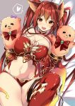  1girl :d akishima_kei animal_ears armor bare_shoulders bikini_armor blush bow bowtie breasts brooch cerberus_(shingeki_no_bahamut) choker cleavage commentary_request dog_ears fang granblue_fantasy groin hand_puppet heart jewelry large_breasts long_hair looking_at_viewer lying navel on_back on_bed open_mouth orange_eyes panties puppet red_bow red_bowtie red_legwear red_panties redhead shingeki_no_bahamut smile solo spoken_heart stomach thigh-highs twintails underwear 