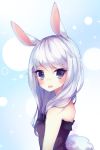  1girl animal_ears anny_(yoai) artist_name bangs bare_shoulders blue_background blue_eyes blush bunny_girl bunny_tail bunnysuit facing_viewer from_side gradient gradient_background long_hair looking_at_viewer open_mouth original rabbit_ears silver_hair simple_background solo sparkle sparkle_background sparkling_eyes strapless tail upper_body watermark white_background 