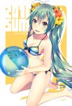  1girl 2016 arched_back ball bare_shoulders barefoot beachball bikini breasts flower green_eyes green_hair hair_flower hair_ornament hatsune_miku holding_ball kneeling long_hair looking_at_viewer medium_breasts open_mouth shiomizu_(swat) side-tie_bikini solo striped_bikini_top swimsuit twintails very_long_hair vocaloid yellow_background 