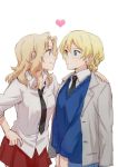 2girls blonde_hair blue_eyes blush darjeeling eye_contact girls_und_panzer hand_on_another&#039;s_shoulder heart jacket_on_shoulders kay_(girls_und_panzer) long_hair looking_at_another multiple_girls necktie red_skirt short_hair simple_background sketch skirt smile soramame_(corndog) sweater v_arms white_background 