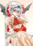  1girl ascot blue_hair chair demon_wings dress gem gloves hair_between_eyes hat hat_ribbon looking_at_viewer moedai puffy_short_sleeves puffy_sleeves red_eyes red_ribbon remilia_scarlet ribbon short_hair short_sleeves silver_hair sitting slit_pupils solo touhou vampire white_dress white_gloves white_hat wings 