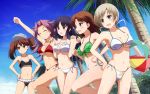  5girls :d :o ^_^ alternate_costume armpits ball bare_arms bare_shoulders beachball bikini black_hair blue_sky blush breasts chitose_(kantai_collection) chiyoda_(kantai_collection) cleavage closed_eyes coconut_tree collarbone commentary_request eyebrows eyebrows_visible_through_hair fist_pump frilled_bikini frills green_bikini grey_eyes grin hand_on_another&#039;s_shoulder hands_on_hips highres hiyou_(kantai_collection) holding_ball jun&#039;you_(kantai_collection) kantai_collection long_hair low_ponytail multiple_girls navel open_mouth outdoors palm_tree purple_hair red_bikini red_eyes ryuujou_(kantai_collection) shira-nyoro short_hair side-tie_bikini silver_hair sky smile swimsuit tree twintails visor_cap white_bikini 
