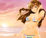  1girl bikini braid brown_hair idolmaster idolmaster_million_live! kousaka_umi long_hair navel parted_lips shu-z standing striped striped_bikini sunset swimsuit twin_braids 