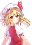  1girl blonde_hair chestnut_mouth flandre_scarlet hat hat_ribbon looking_at_viewer no_wings red_eyes ribbon shiero. side_ponytail solo touhou 