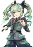  &gt;:) 1girl anchovy bangs belt black_necktie black_ribbon blush cowboy_shot drill_hair eyebrows eyebrows_visible_through_hair girls_und_panzer green_hair grey_pants grin hair_between_eyes hair_ribbon holding long_hair long_sleeves looking_at_viewer military military_uniform necktie otogi_kyouka pants pointer red_eyes ribbon riding_crop simple_background smile solo uniform 