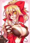  1girl :d arm_strap bare_shoulders black_cat blonde_hair blush blush_stickers bow breasts bridal_gauntlets cat cleavage collarbone detached_collar detached_sleeves fang frame hair_bow heart heterochromia lace_trim long_hair looking_at_viewer medium_breasts navel open_mouth original pink_eyes ponytail red_bow red_eyes smile solo suzuneko_(yume_no_kyoukai) teeth upper_body 