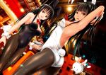  2girls :d animal_ears ano_hito arms_up ass black_hair breasts brown_eyes bunny_girl bunny_tail bunnysuit detached_collar dutch_angle flying from_below glass magic multiple_girls open_mouth pantyhose photo_background rabbit rabbit_ears smile standing tail tray wrist_cuffs 
