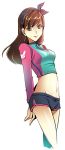  1girl arms_behind_back breasts brown_eyes brown_hair closed_mouth cowboy_shot crop_top d.va_(overwatch) groin hair_ribbon hairband long_hair long_sleeves looking_at_viewer midriff navel overwatch polka_dot polka_dot_ribbon ribbon short short_shorts shorts solo stomach turtleneck 