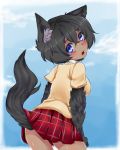  1girl animal_ears black_fur black_hair blue_eyes blue_sky blush caleana clouds dark_skin from_behind fur highres looking_at_viewer looking_back open_mouth original paws plaid plaid_skirt short_hair signature skirt sky solo sweater tail wolf_ears wolf_girl wolf_tail 