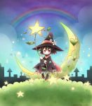  1girl artist_name black_dress black_hair black_hat chibi clouds crescent dress flower hat hat_flower heart long_sleeves looking_at_viewer orange_lore original overgrown plant rainbow red_eyes red_scarf scarf short_hair smile solo star wand water_drop witch witch_hat 
