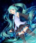  1girl :d aqua_eyes aqua_hair arms_at_sides bare_shoulders black_legwear black_skirt blue_necktie blush collared_shirt commentary_request detached_sleeves hatsune_miku headset long_hair long_sleeves looking_at_viewer necktie night night_sky oimo_(imoyoukan) open_mouth outstretched_arms shirt skirt sky sleeveless sleeveless_shirt smile solo spread_arms star_(sky) starry_sky thigh-highs twintails very_long_hair vocaloid white_shirt wide_sleeves 