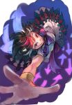  1girl black_hair bracelet directional_arrow dress full_body grin horns jewelry kijin_seija looking_at_viewer multicolored_hair red_eyes redhead short_sleeves smile solo streaked_hair touhou upside-down white_dress white_hair zenixzeni 