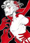  1boy blood bloody_tears hands hatching_(texture) ink_(medium) jojo_no_kimyou_na_bouken kira_yoshikage male_focus marker_(medium) monochrome open_mouth partially_colored rozarita saliva shirtless solo_focus traditional_media 