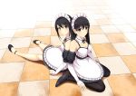  2girls back-to-back bare_shoulders black_hair black_legwear blush breasts checkered checkered_floor cleavage cocona_(coconacafe) detached_collar detached_sleeves frills long_hair looking_at_viewer maid maid_headdress medium_breasts multiple_girls no_socks original pantyhose siblings sisters sitting sleeves_past_wrists small_breasts smile wariza yellow_eyes 