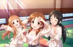  3girls :d \o/ ^_^ arms_up artist_request bangs black_hair blunt_bangs blush breasts brown_eyes brown_hair child cleavage closed_eyes collarbone dougi hot ichihara_nina idolmaster idolmaster_cinderella_girls idolmaster_cinderella_girls_starlight_stage katagiri_sanae long_hair looking_at_another looking_at_viewer low_twintails multiple_girls nakano_yuka official_art open_mouth outstretched_arms smile sunlight sweat sweating twintails wiping_sweat 
