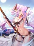  1girl arm_up armpits between_legs bikini blue_eyes blush braid breasts cleavage collarbone commentary_request demon_horns doraf frilled_bikini frills front-tie_top granblue_fantasy hair_ornament hair_over_one_eye holding holding_sword holding_weapon horns katana large_breasts lavender_hair long_hair looking_at_viewer low_tied_hair mouth_hold narumeia_(granblue_fantasy) navel pointy_ears ribbon ririko_(zhuoyandesailaer) side-tie_bikini smile solo swimsuit sword thigh_strap weapon white_bikini white_swimsuit 