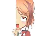  1girl ahegao aquila_(kantai_collection) eyebrows eyebrows_visible_through_hair green_ribbon hair_ornament hairclip high_ponytail kantai_collection long_hair looking_at_viewer nagineko open_mouth orange_hair peeking_out red_eyes ribbon solo transparent_background 