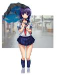  1girl bangs black_umbrella blue_legwear blue_skirt blunt_bangs blurry_background blush broken_umbrella city closed_mouth collarbone commentary_request eyebrows eyebrows_visible_through_hair flood frown highres holding holding_umbrella kneehighs looking_at_viewer original pleated_skirt purple_hair rain reflection school_uniform see-through serafuku shirt short_hair short_sleeves skirt sleeve_cuffs solo standing taru_neko umbrella wading water water_drop wet wet_clothes wet_hair wet_shirt wet_skirt 