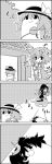  4koma :d ahoge animal_ears asymmetrical_wings broom c: comic commentary_request dog_ears dog_tail futatsuiwa_mamizou gate highres holding houjuu_nue kasodani_kyouko komeiji_koishi leaf leaf_on_head monochrome open_mouth short_hair smile sweeping tail tani_takeshi thigh-highs third_eye touhou translation_request ufo wings yukkuri_shiteitte_ne zettai_ryouiki 