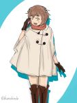 1girl alternate_costume artist_name bob_cut boots brown_gloves brown_hair cross-laced_footwear gloves highres kanrobi kantai_collection looking_at_viewer open_mouth poncho scarf simple_background solo twitter_username yellow_eyes yukikaze_(kantai_collection) 